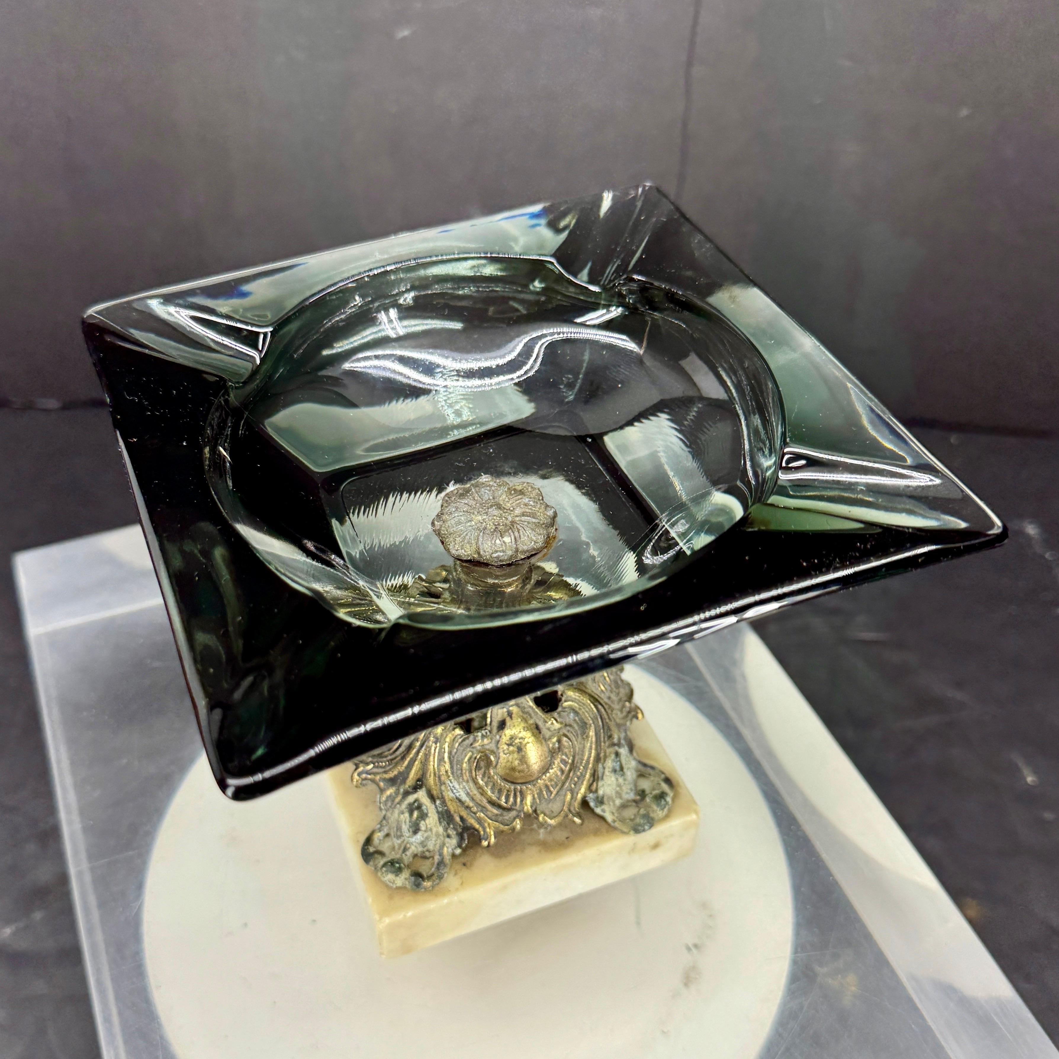 Baroque Vintage Glass Bronze and Marble Base Cigar Ashtray, Austrian 1920's