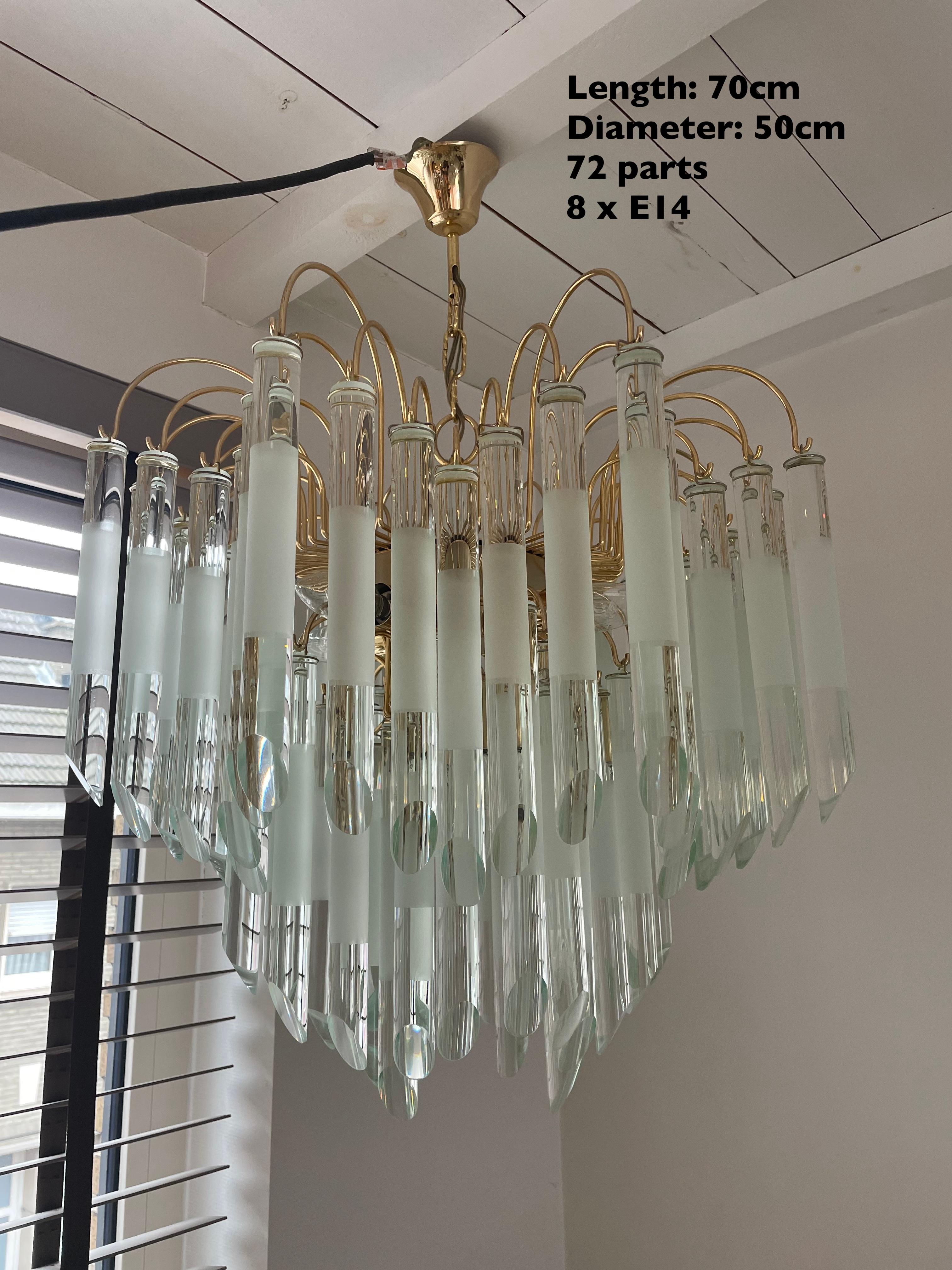 Brass Vintage Glass Chandelier in the Manner of Paolo Venini, 1970s For Sale