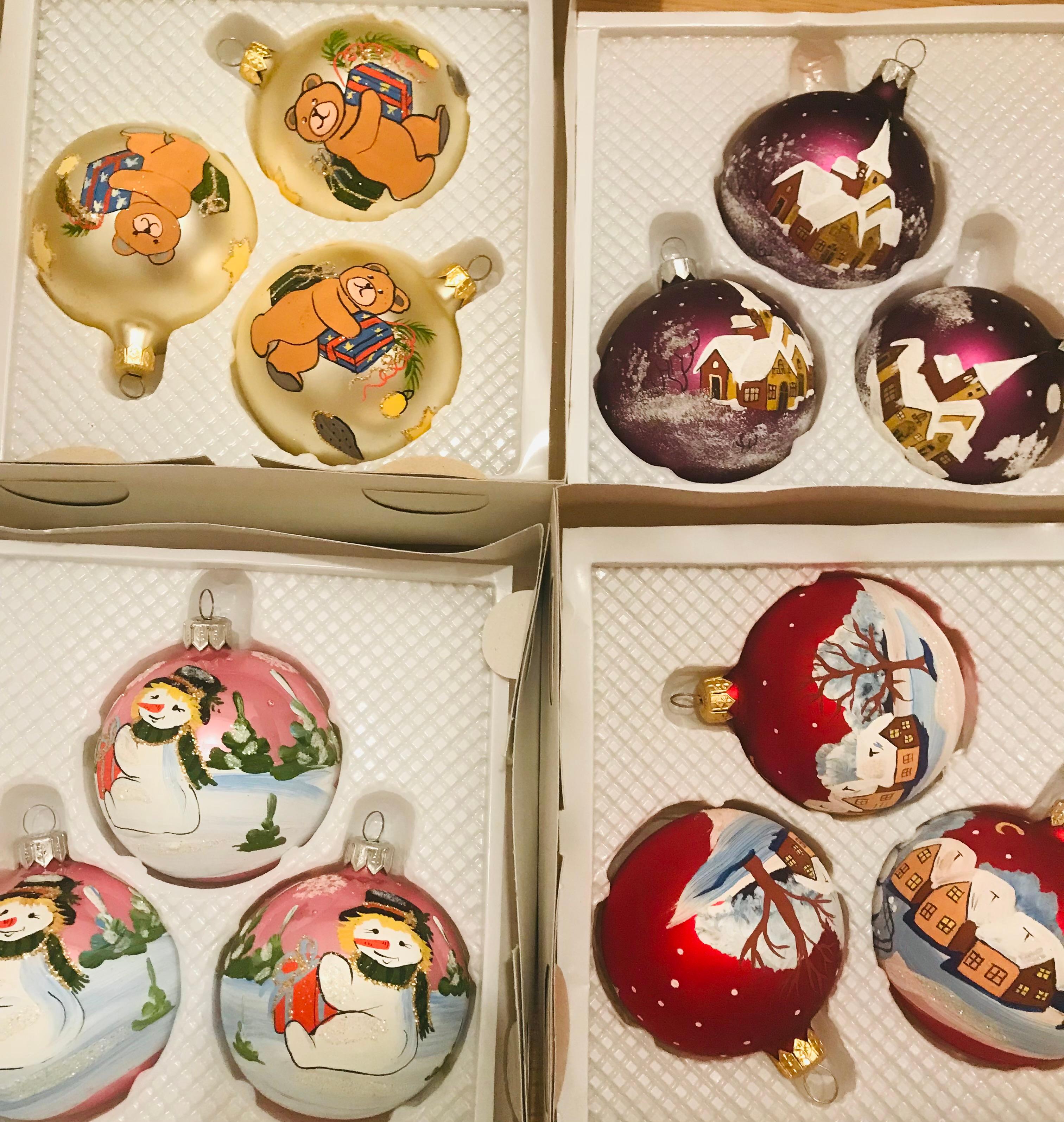 4 sets vintage European mercury glass handblown handpainted Christmas ornaments-3” balls, made in old Herman tradition.12 pcs total.