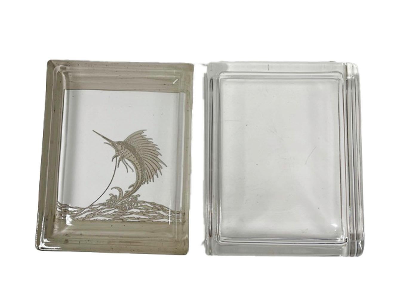 American Vintage Glass Cigarette or Dresser Box with Silver Overlay Sailfish Decoration