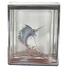 Vintage Glass Cigarette or Dresser Box with Silver Overlay Sailfish Decoration