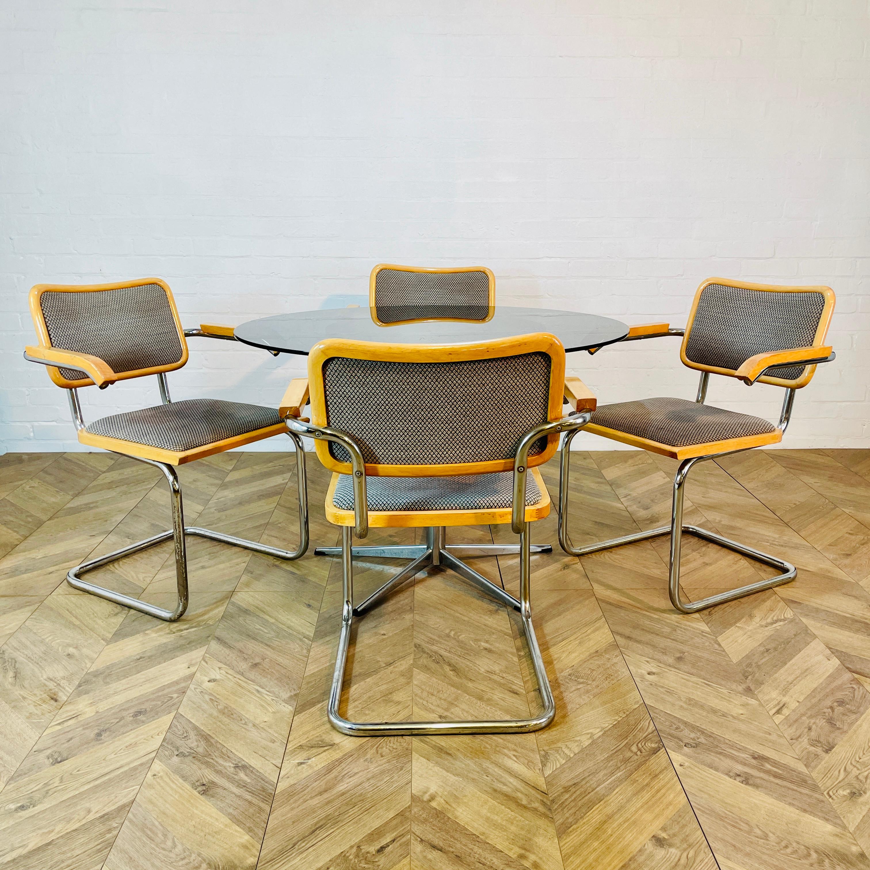 Vintage Glass Circular Dining Table + Set of 4 Marcel Breuer Cesca Armchairs For Sale 4