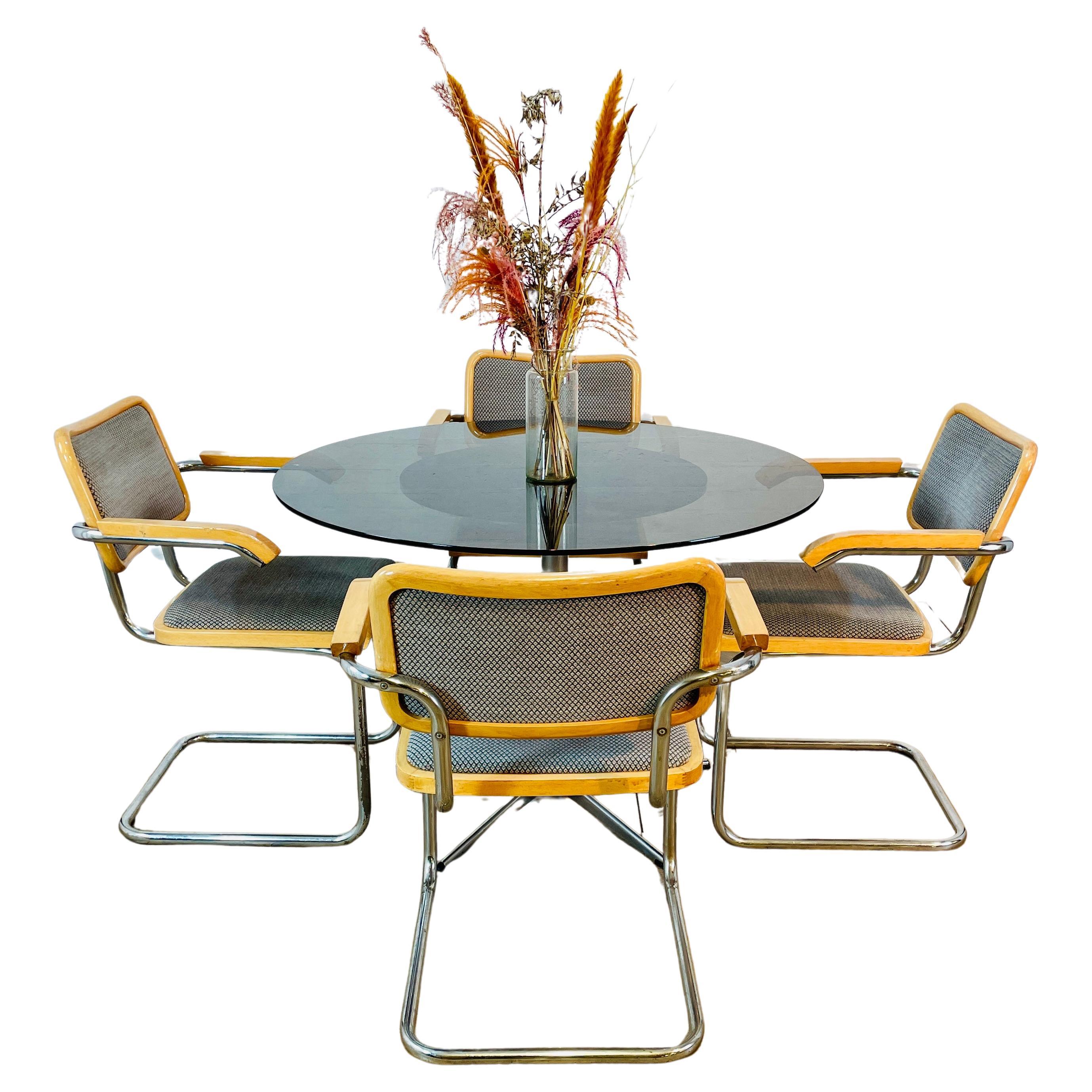 Vintage Glass Circular Dining Table + Set of 4 Marcel Breuer Cesca Armchairs For Sale