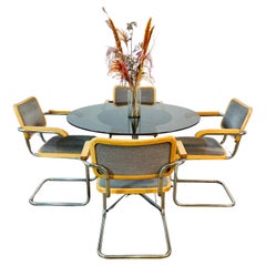 Table de salle à manger circulaire vintage en verre + ensemble de 4 fauteuils Cesca Marcel Breuer