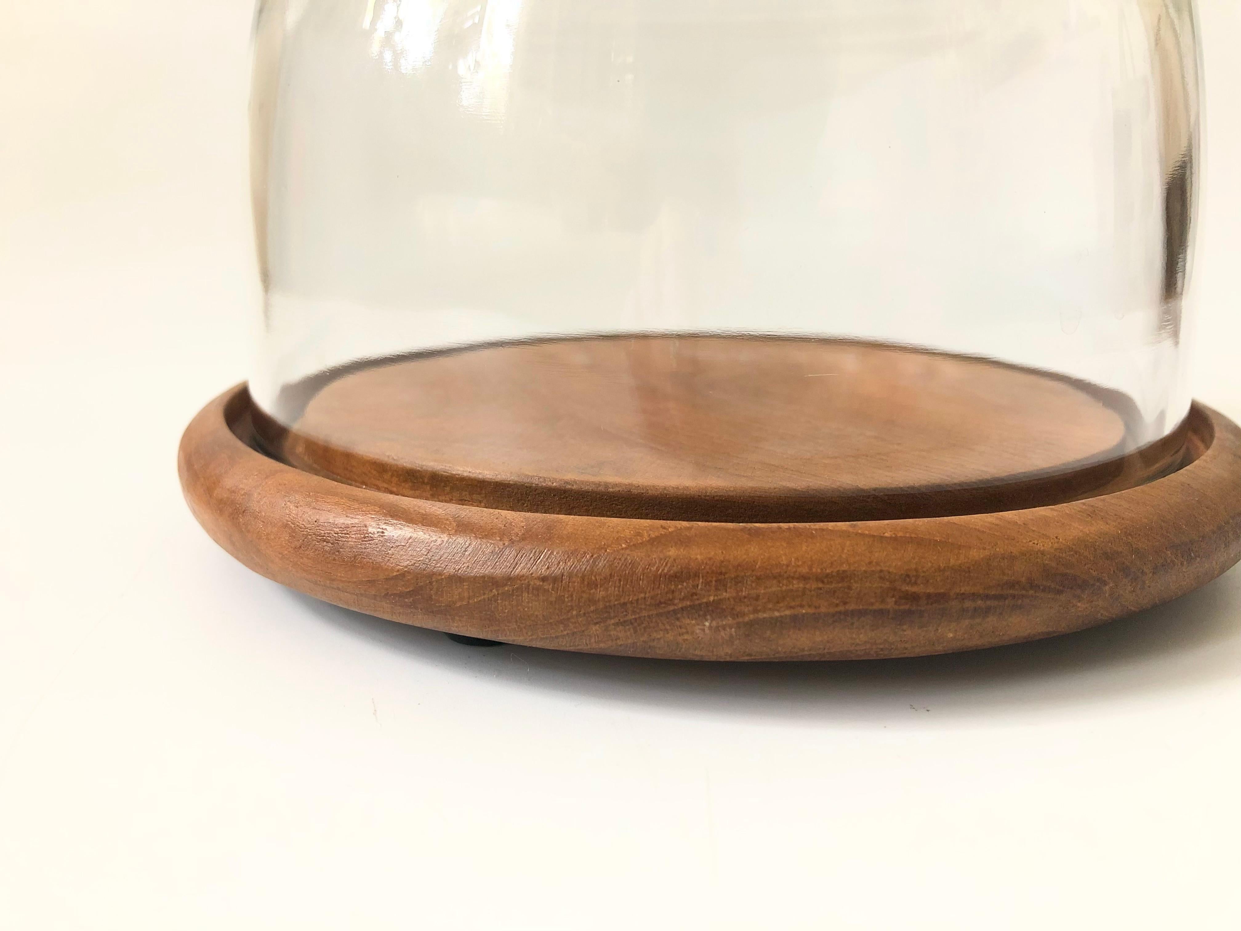 Mid-Century Modern Vintage Glass Cloche on Teak Wood Base