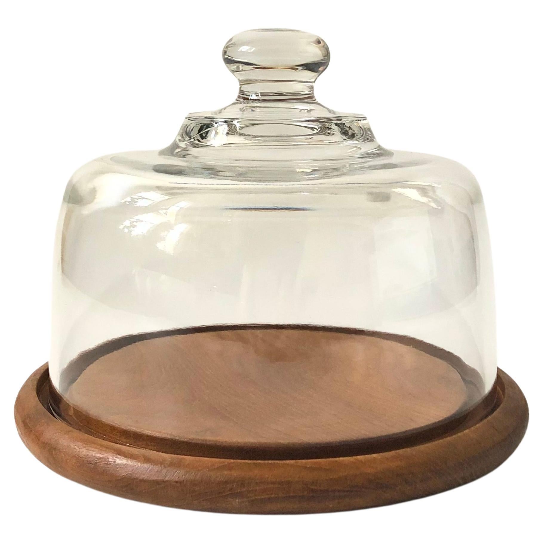 Vintage Glass Cloche on Teak Wood Base