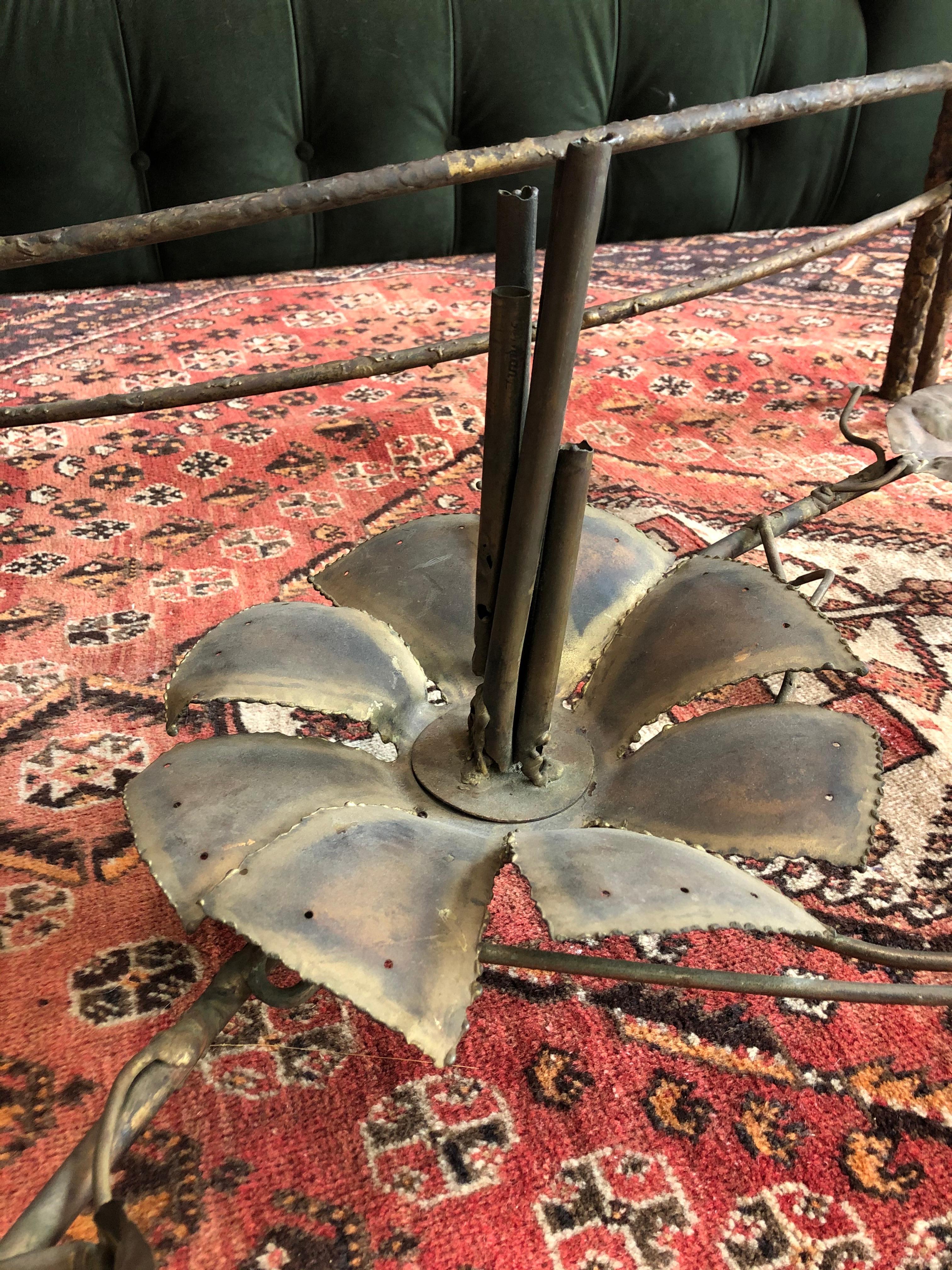 Vintage Glass Coffee Table with Floral Iron Legs In Good Condition In Los Angeles, CA