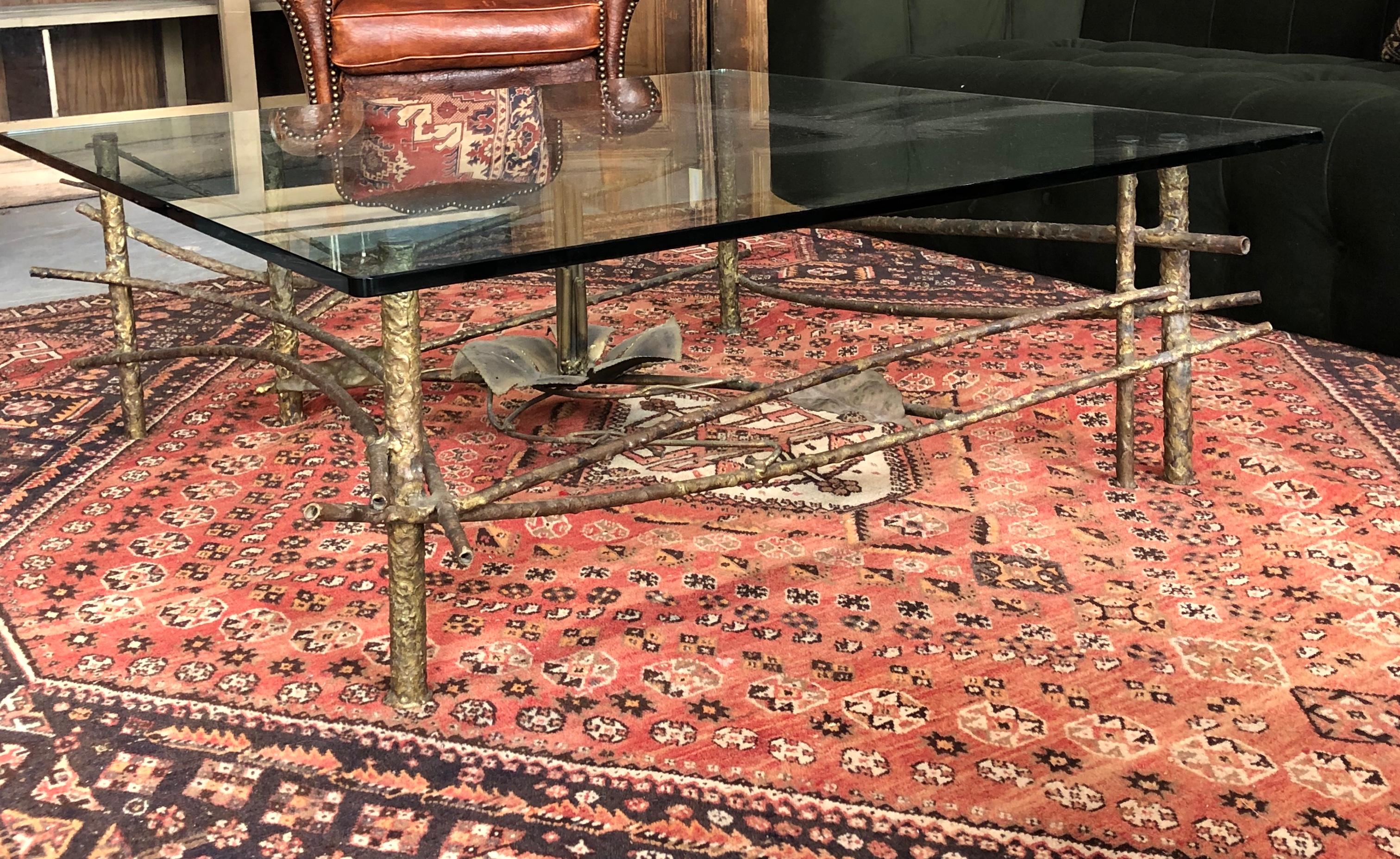 Vintage Glass Coffee Table with Floral Iron Legs 2