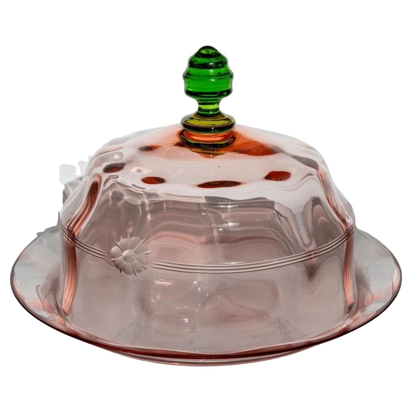 Vintage Glas überdachte Schale Cloche mit Platte floralen Design, Italien, 1930er Jahre im Angebot