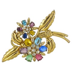 Vintage Glass Crystal and Rhinestone Flower Bouquet Brooch