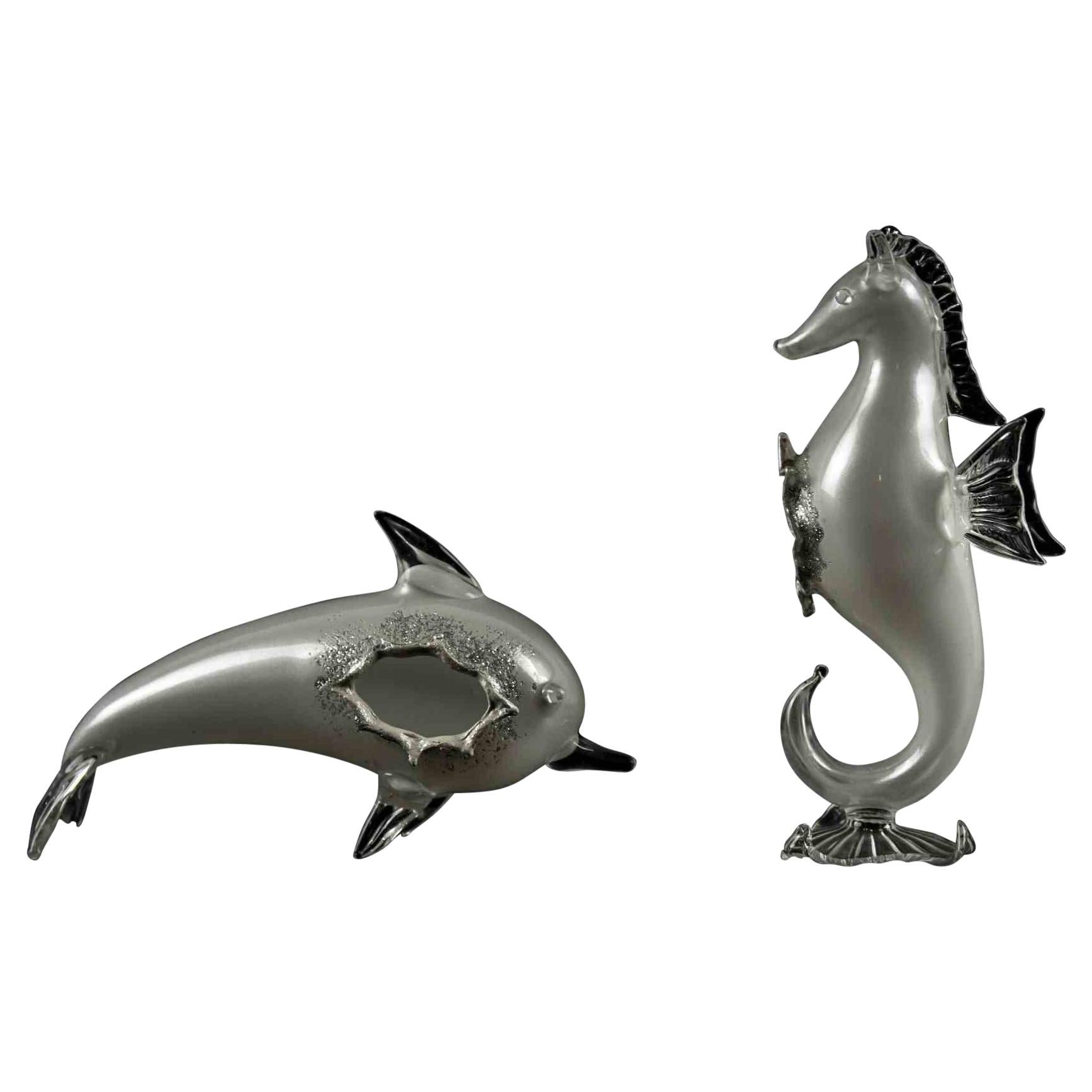 Vintage Glass Dolphin and Seahorse, Half of 20th Century