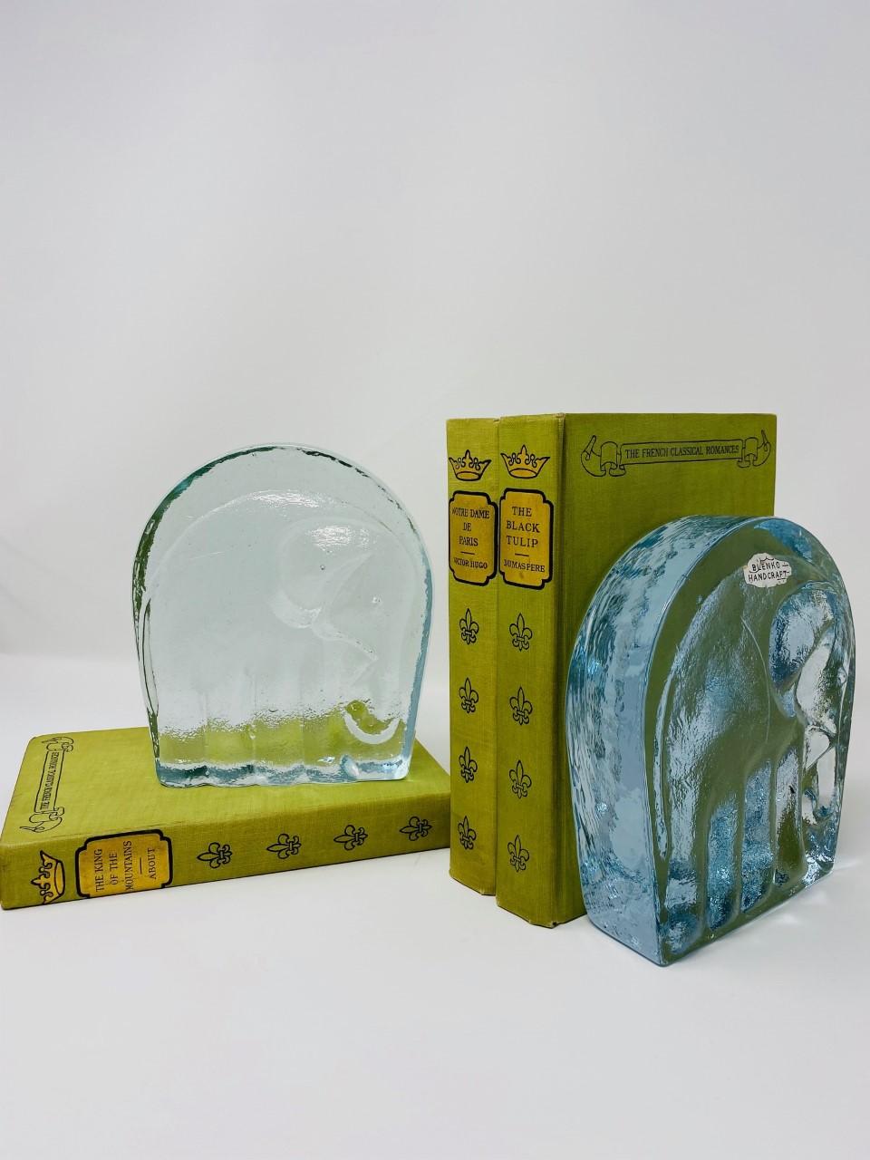 Vintage Glass Elephant Bookends by Blenko 1