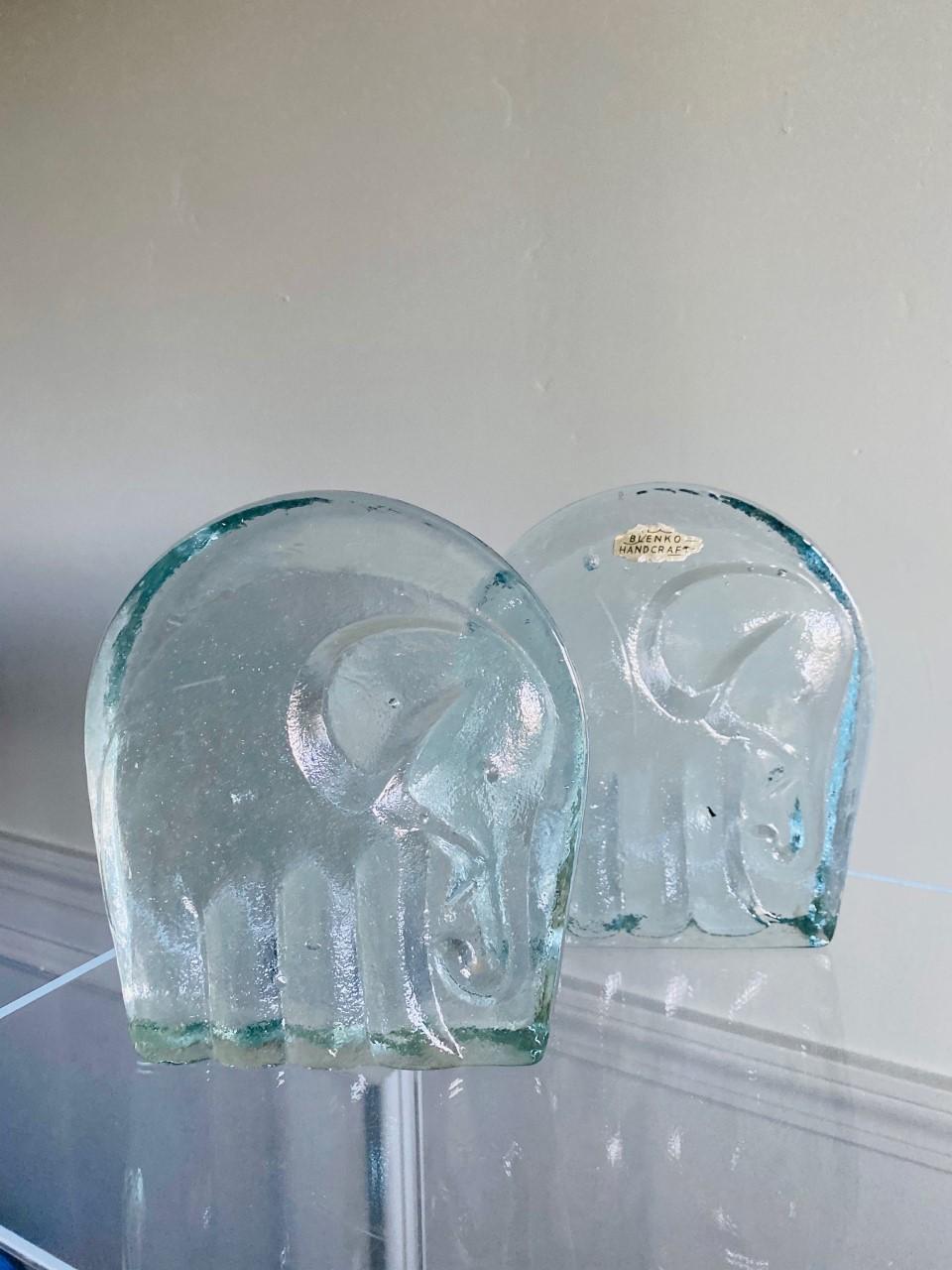 Mid-Century Modern Vintage Glass Elephant Bookends by Blenko