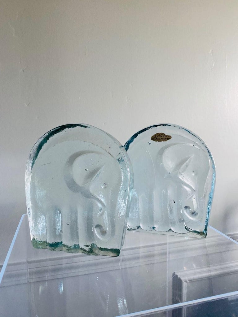 Vintage Glass Elephant Bookends by Blenko For Sale at 1stDibs