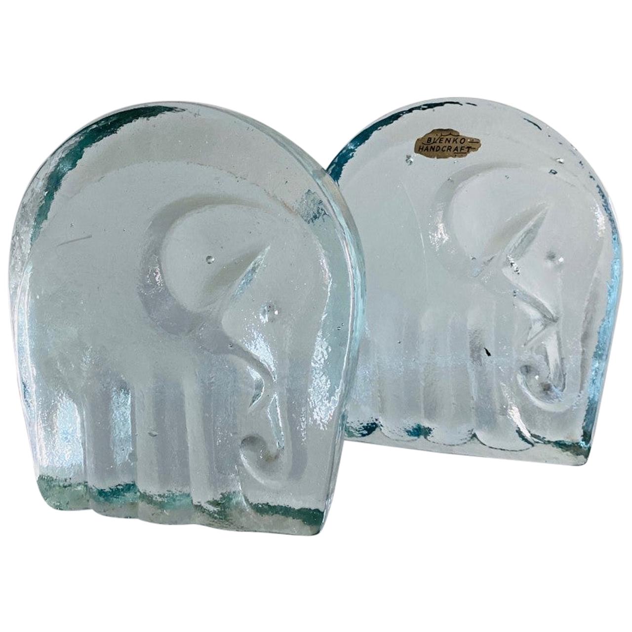 Vintage Glass Elephant Bookends by Blenko