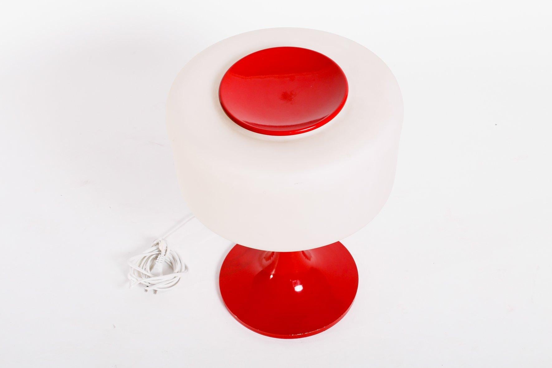 Vintage Glass and Enameled Steel Table Lamp, 1960s Red Space Age Style In Good Condition In Budapest, HU