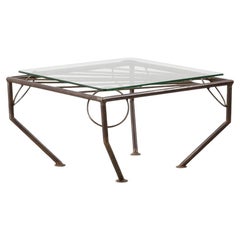 Retro glass & forged metal coffee table UK, 1980s