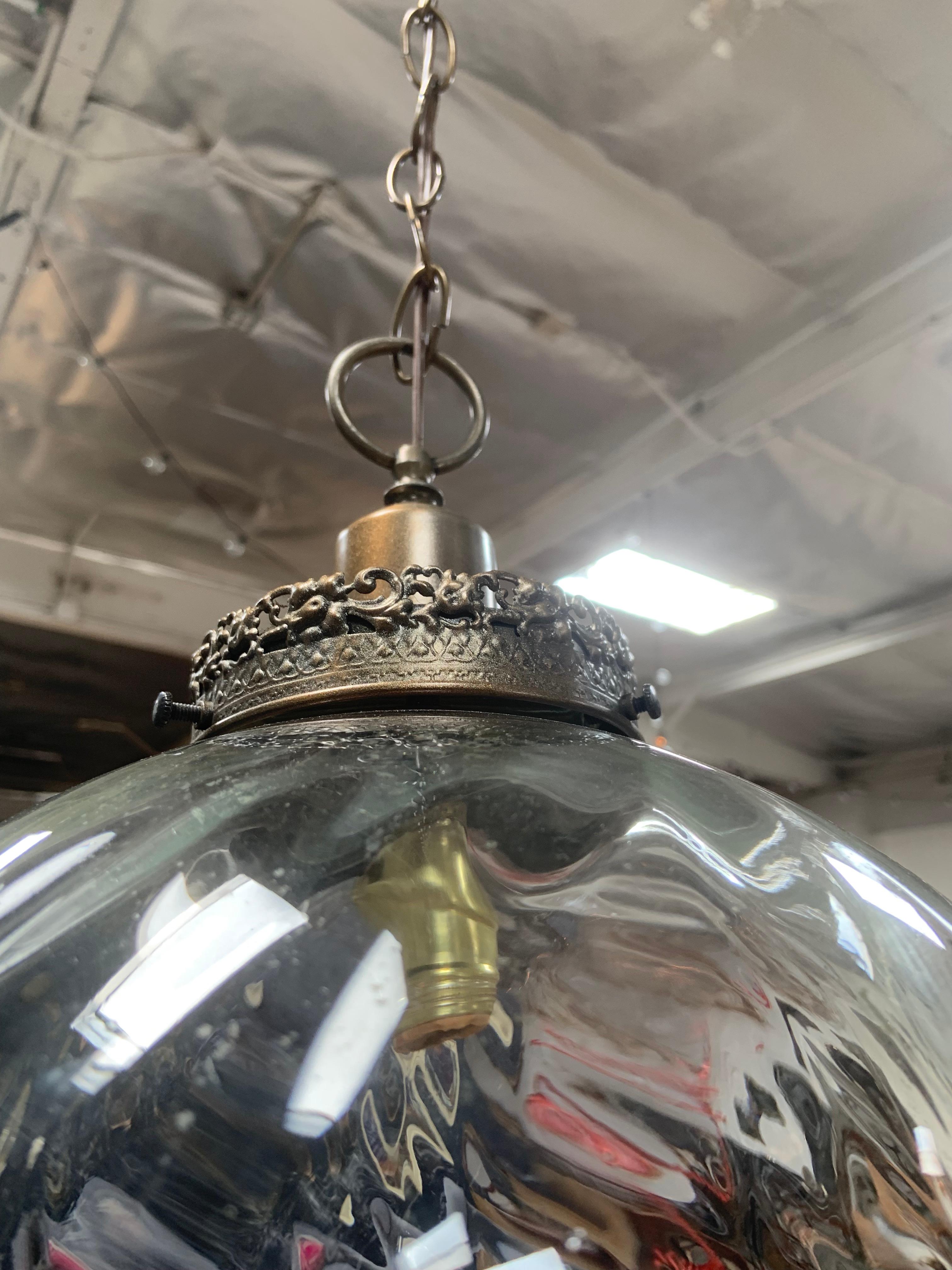 French Glass Globe Hanging Pendant Light with Brass Hardware