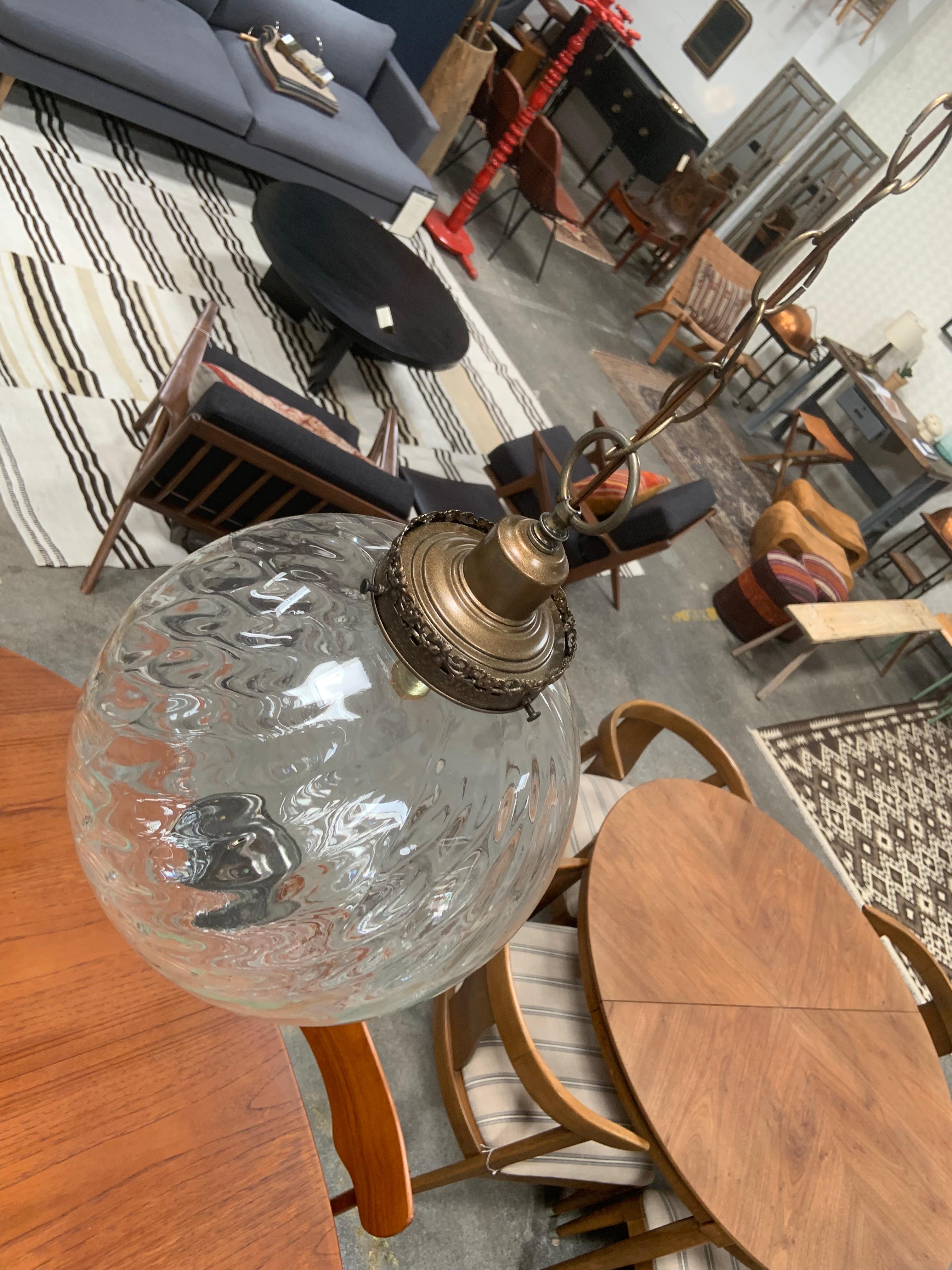Mid-20th Century Glass Globe Hanging Pendant Light with Brass Hardware