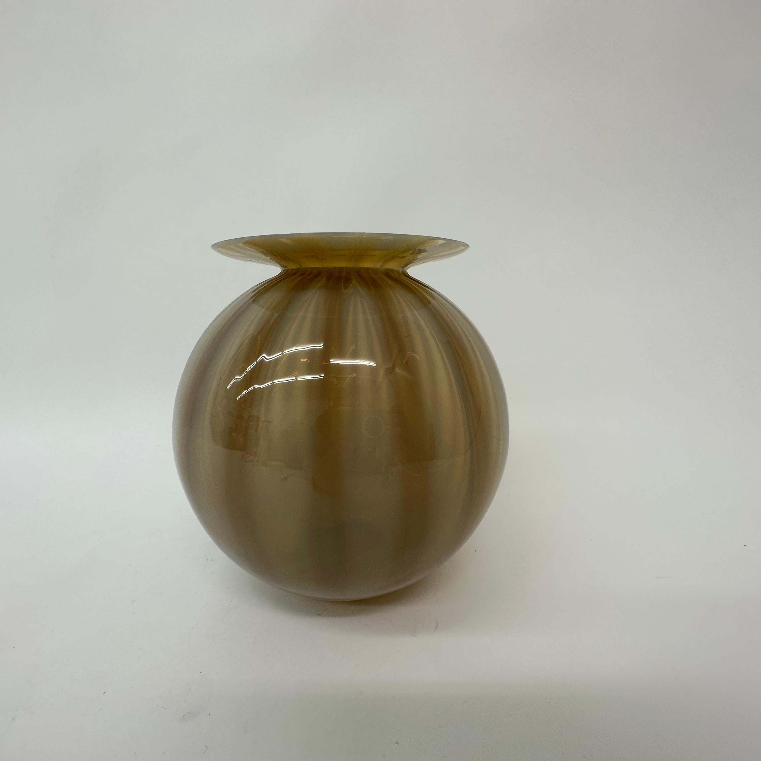 European Vintage Glass Hand Blown Striped Vase, 1950s For Sale