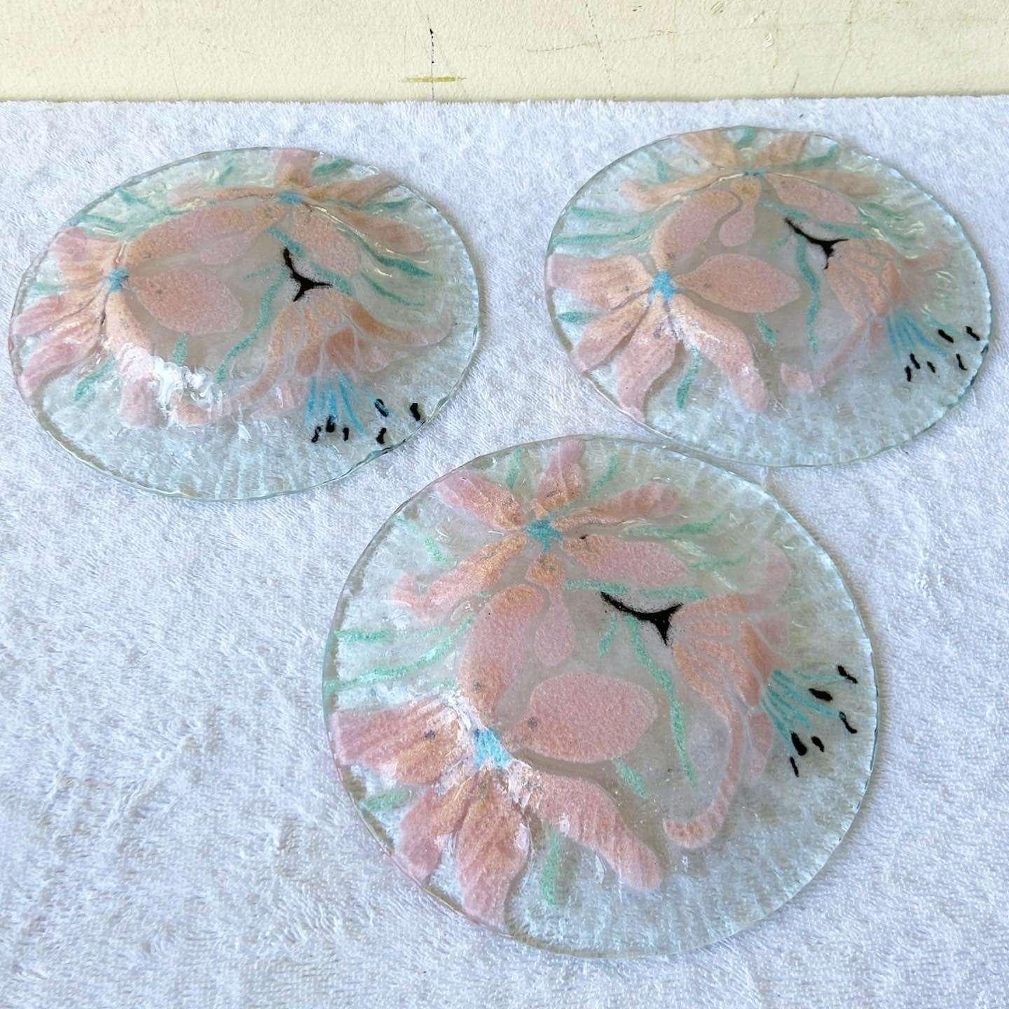 Post-Modern Vintage Glass Hand Painted Flower Plates - Set of 3 For Sale