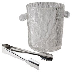 Secchiello per il ghiaccio in vetro d'epoca con pinza in acciaio inossidabile, anni '70