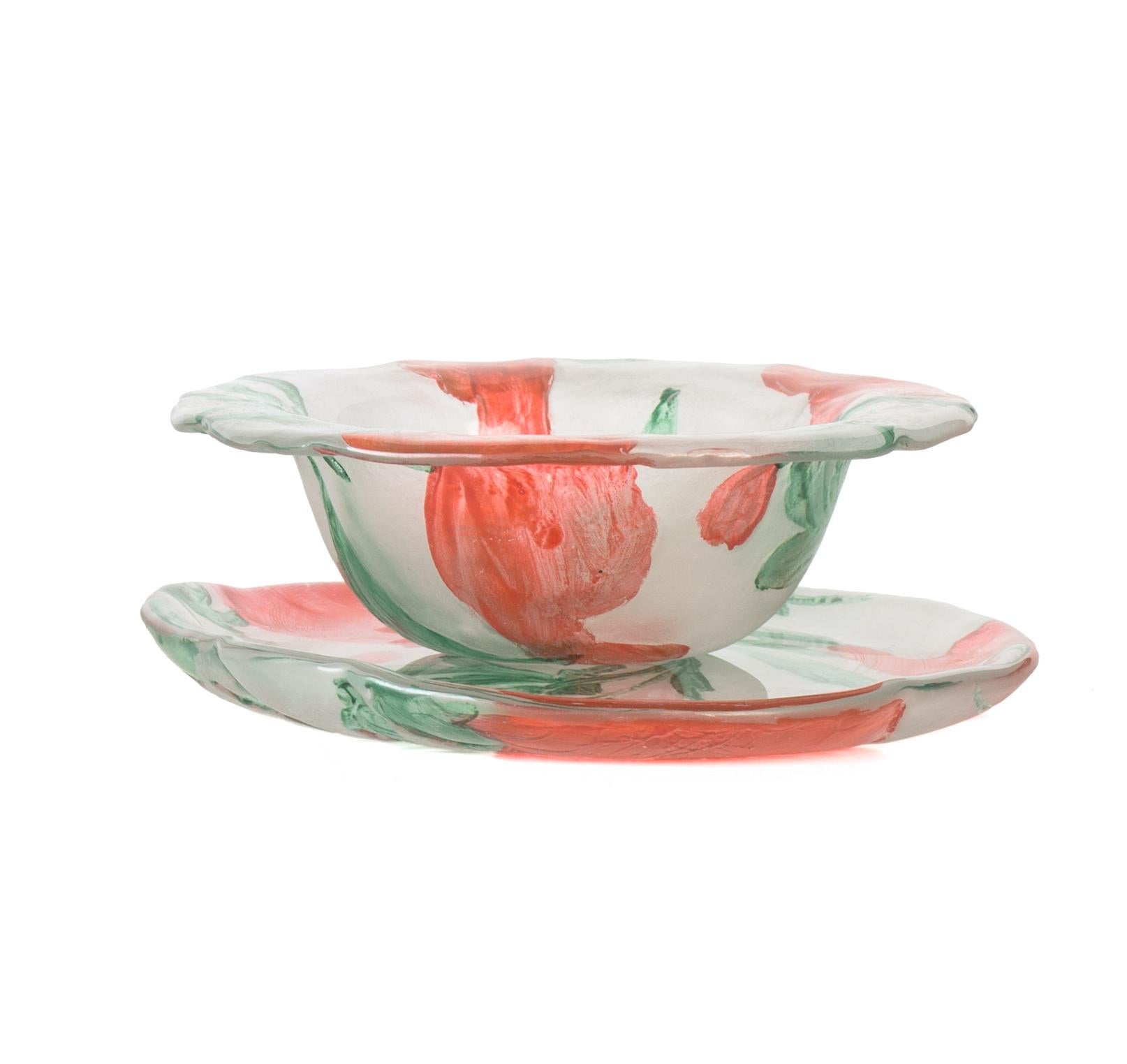 Ice cream cups is a pair of wonderful glass decorative object, realized during the 1970s. 

Very elegant pair of glass cups with own plates finely decorated with poppy flowers.

Dimensions of the cups: 1.97 (h) x 6.30 in. / 5 (h) x 16 (d) cm;