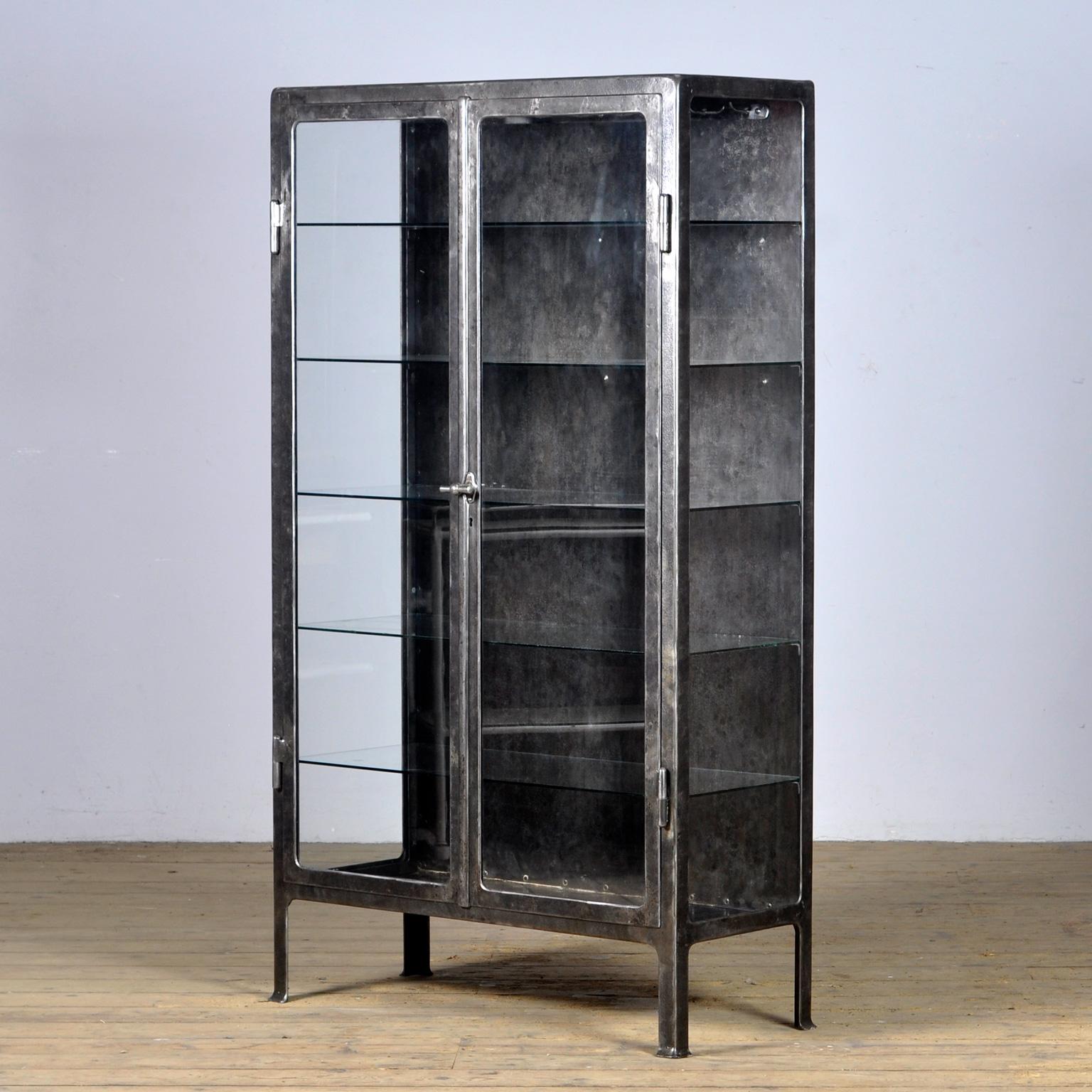 Hungarian Vintage Glass & Iron Medical Cabinet, 1920s For Sale