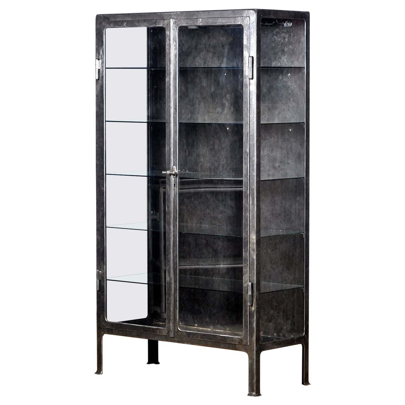 Vintage Glass & Iron Medical Cabinet, 1920s