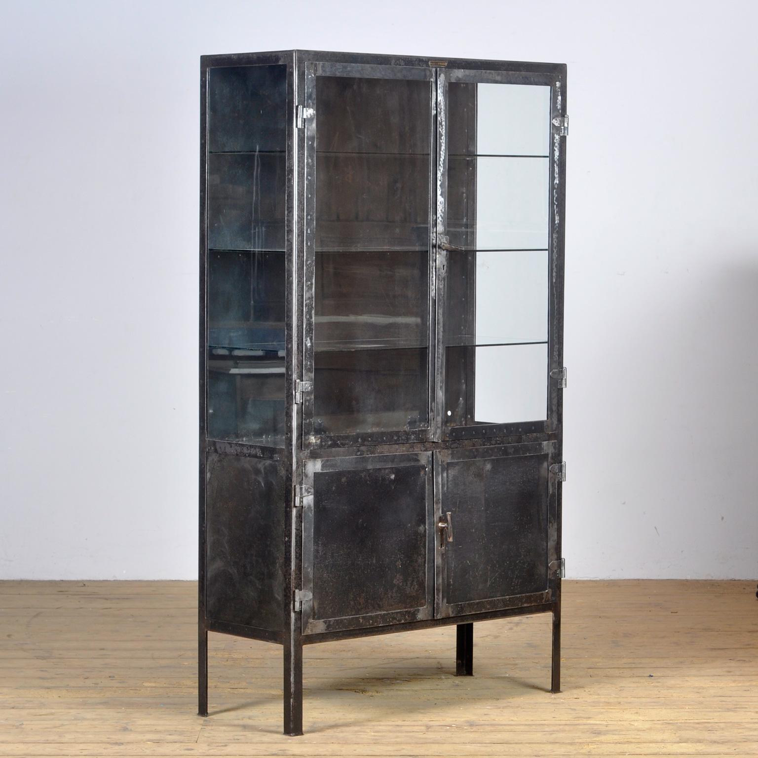 Industrial Vintage Glass & Iron Medical Cabinet, 1950s