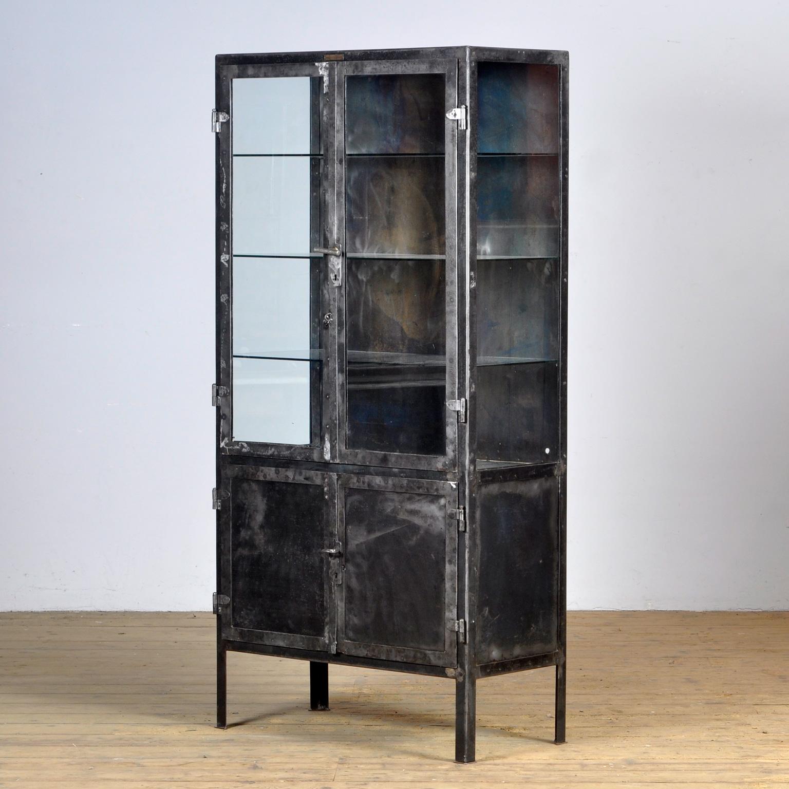 Industrial Vintage Glass & Iron Medical Cabinet, 1950s