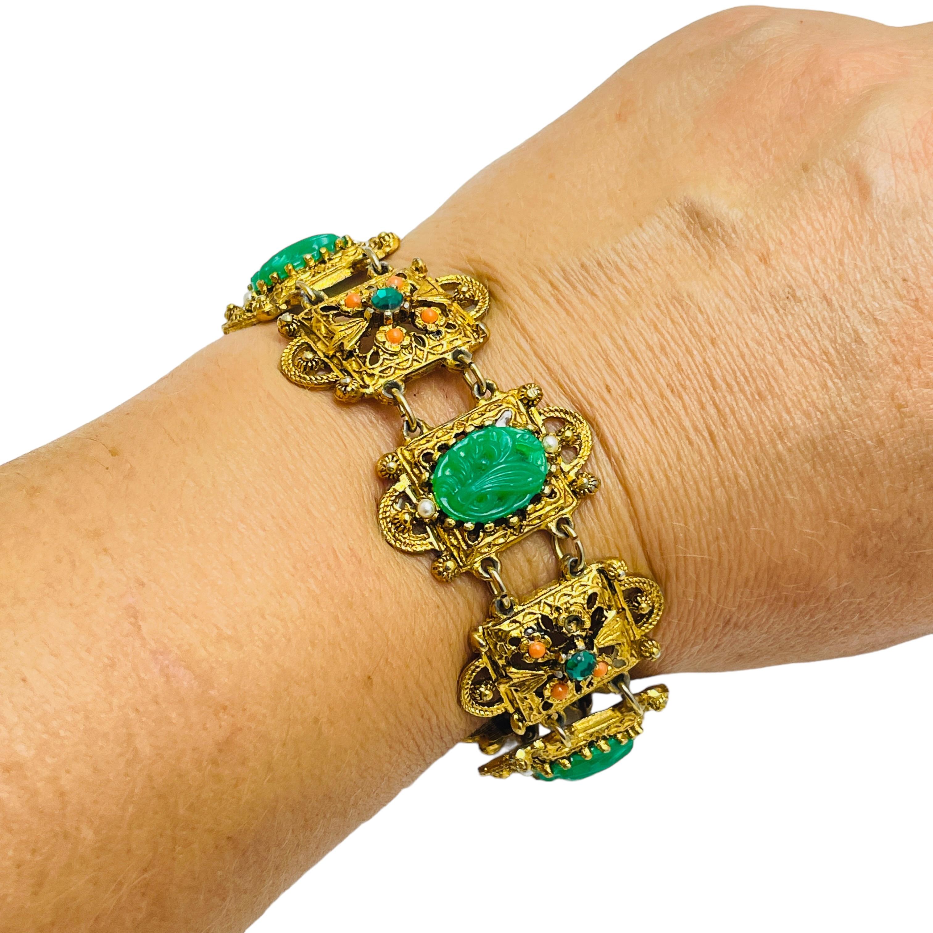 Women's Vintage glass jade coral gold link designer bracelet For Sale
