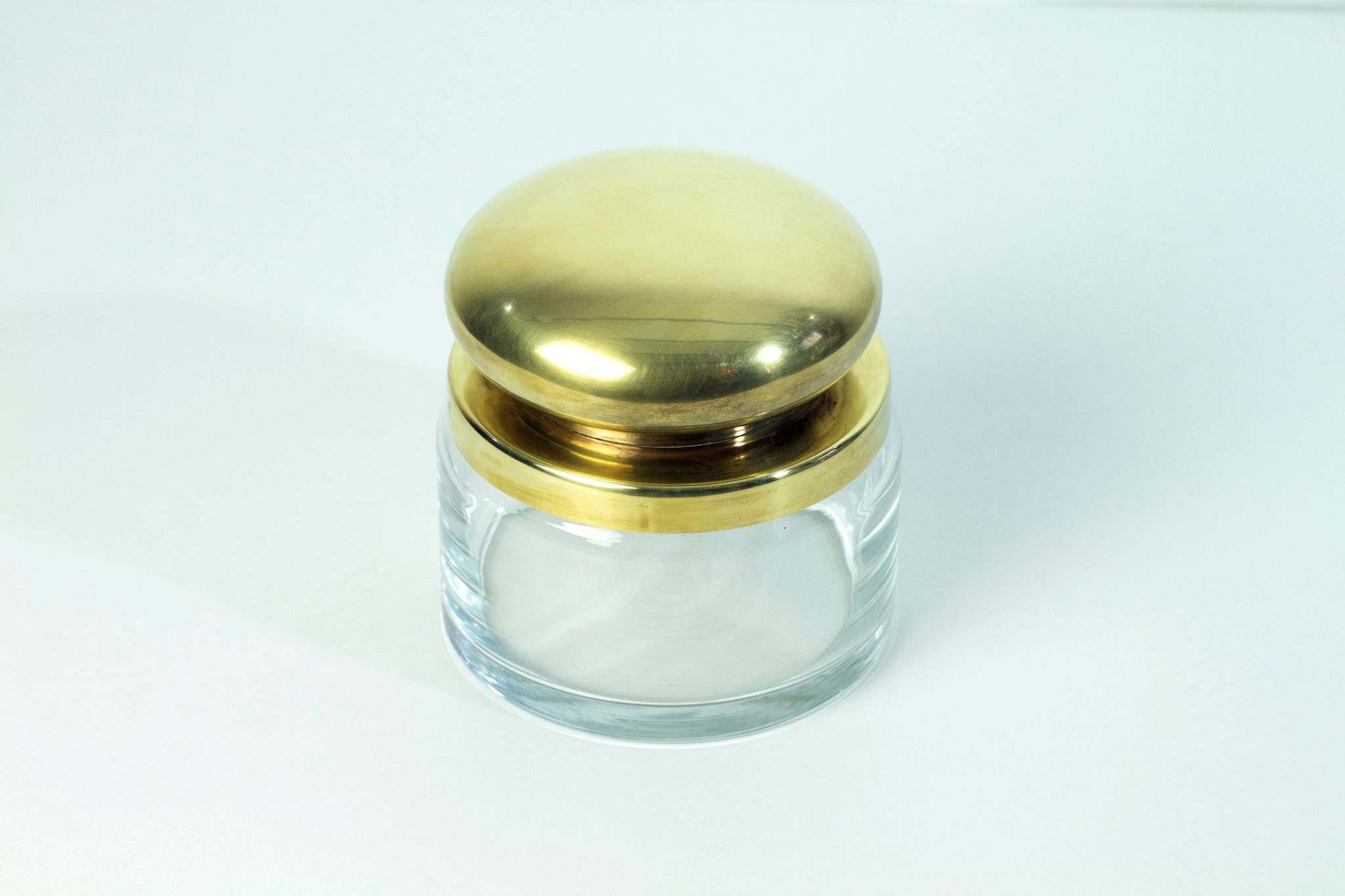 1970s handmade glass jar and brass lid perfect for any sorts of things in the bathroom, kitchen or coffee table.