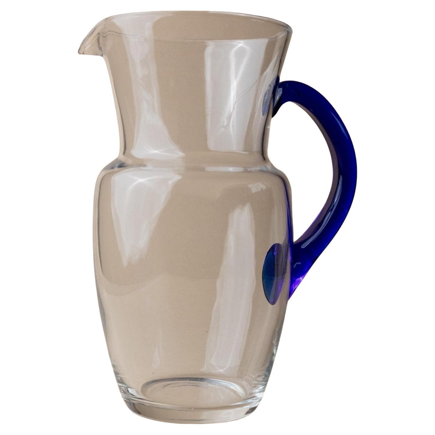 Vintage Glass Jug - Clear Glass and Blue Handle Mid Century Design Italy, 1970s For Sale