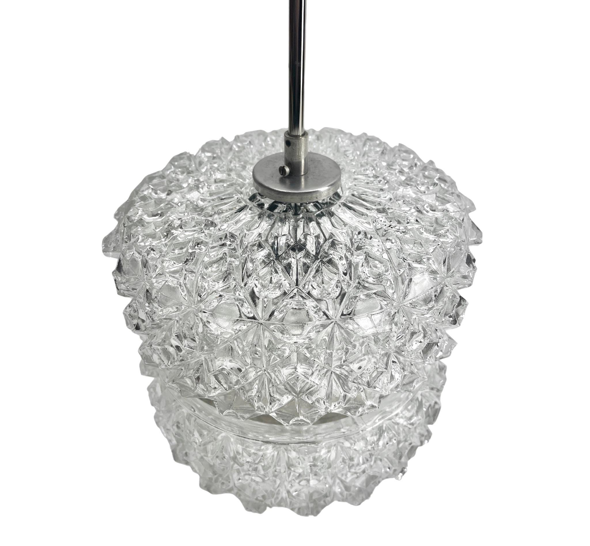 Metalwork  Vintage Glass Pendant Stem Lamp Light Massive Belgium 1960s For Sale