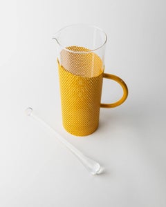 Vintage Glass Pitcher with Yellow Metal Handle and Glass Pestle Italy, 80s