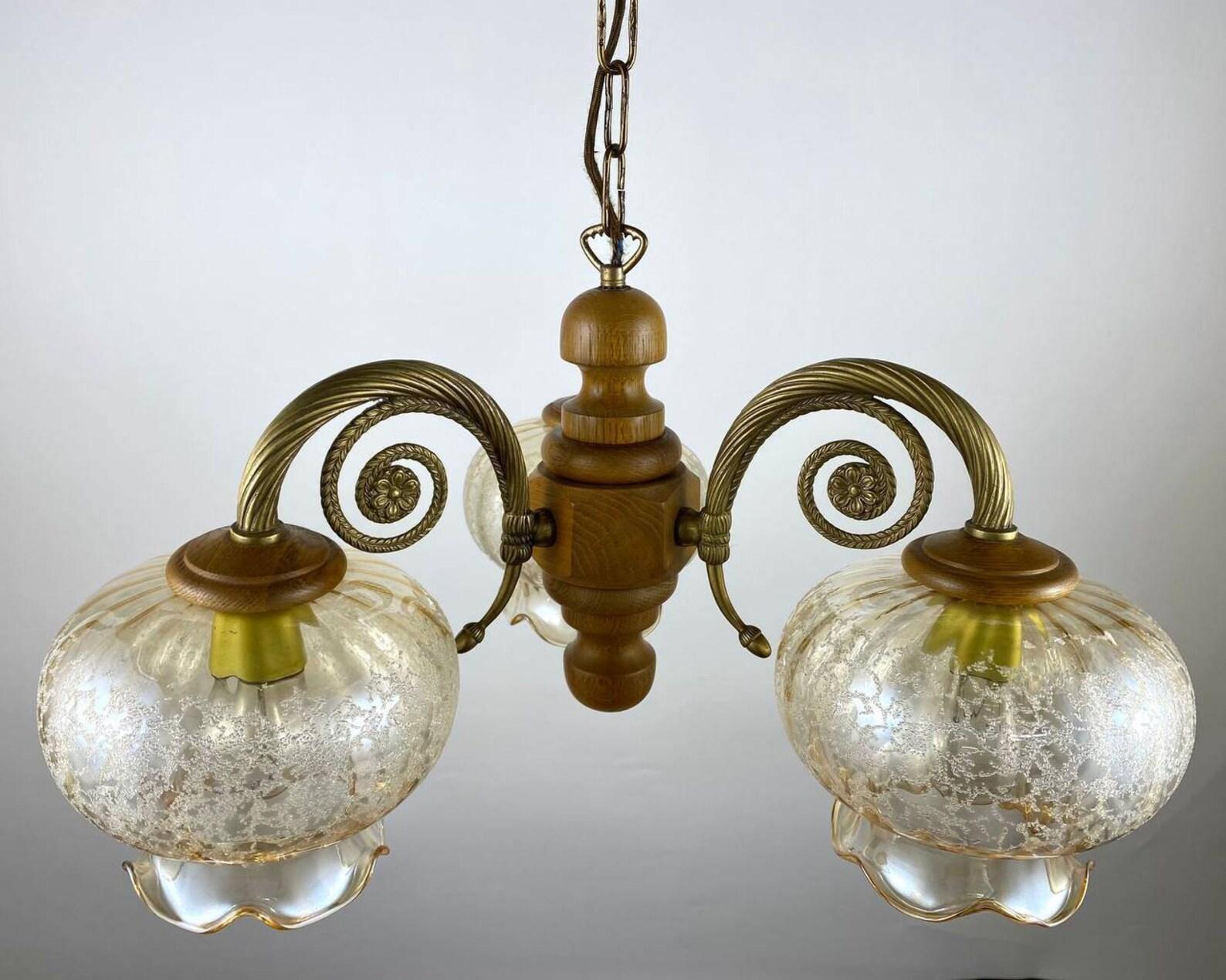 Vintage Chandelier of classical style from the Belgium Manufactory. Circa 1980s. 

Beautiful Chandelier with 3 light points is the quality in every detail of the lighting fixture. 

The brass and wooden fittings looks solid and frosted glass