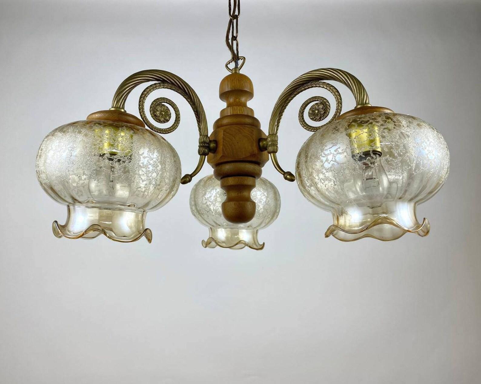 Mid-Century Modern Vintage Glass Plafond Chandelier in Wooden And Brass Fittings, Belgium, 1980s