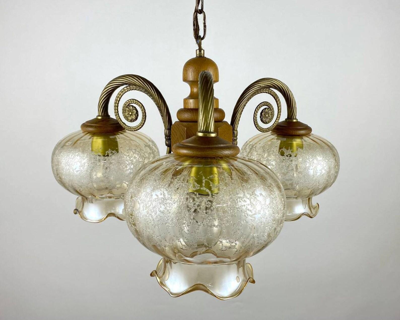 Belgian Vintage Glass Plafond Chandelier in Wooden And Brass Fittings, Belgium, 1980s