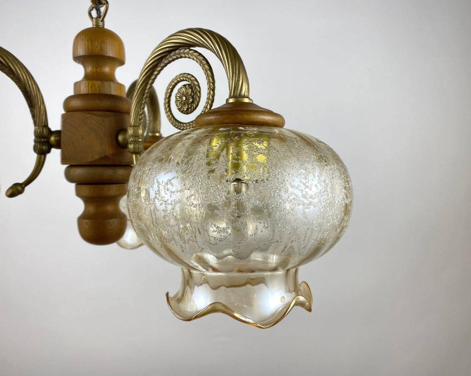 Late 20th Century Vintage Glass Plafond Chandelier in Wooden And Brass Fittings, Belgium, 1980s