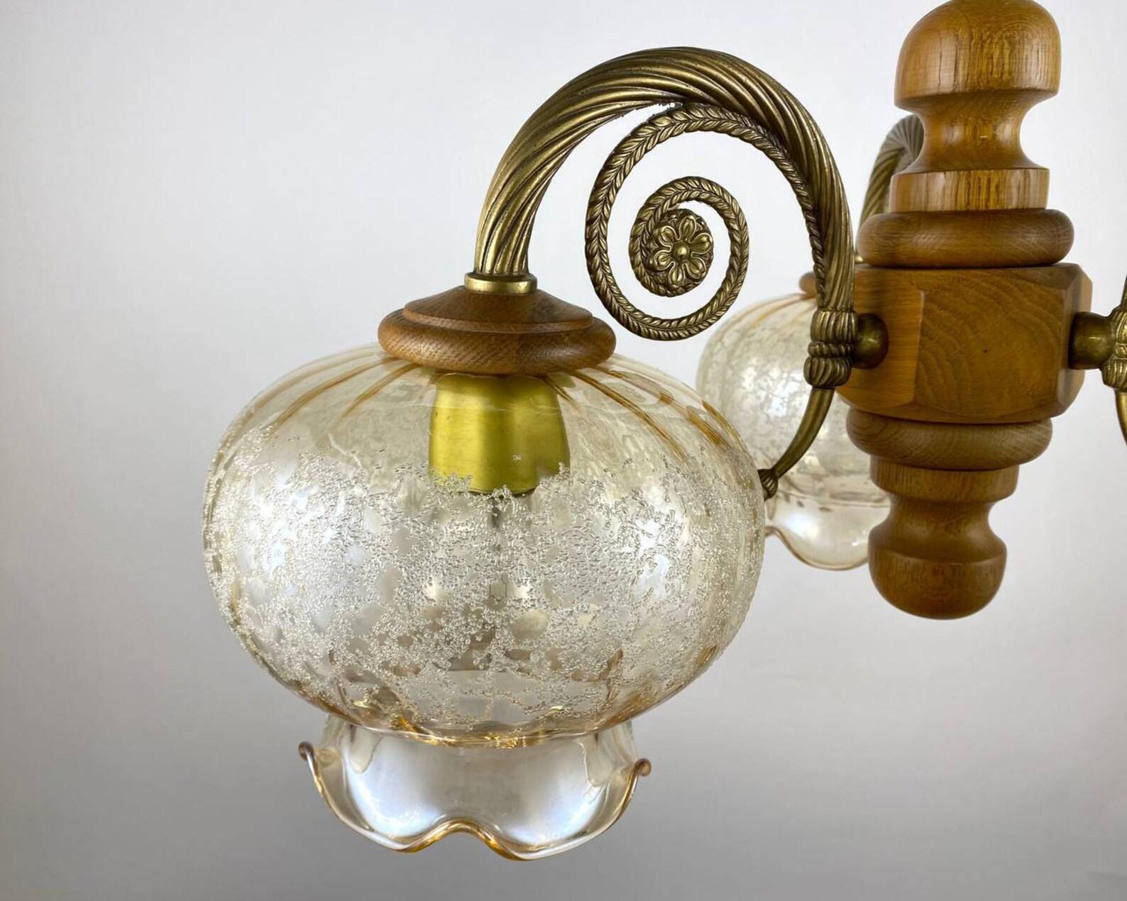 Vintage Glass Plafond Chandelier in Wooden And Brass Fittings, Belgium, 1980s 1