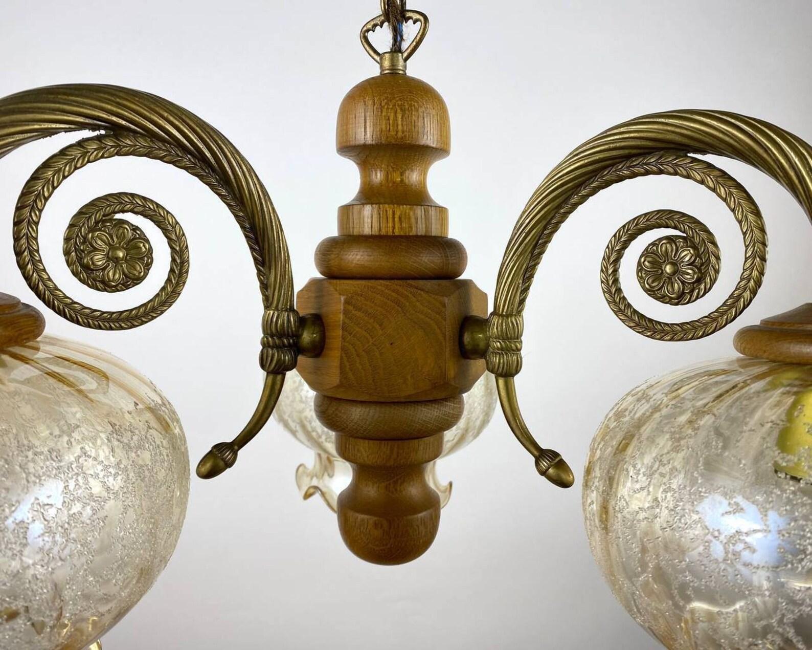 Vintage Glass Plafond Chandelier in Wooden And Brass Fittings, Belgium, 1980s 2