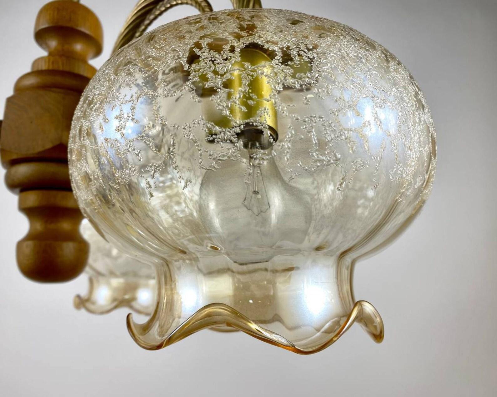 Vintage Glass Plafond Chandelier in Wooden And Brass Fittings, Belgium, 1980s 3