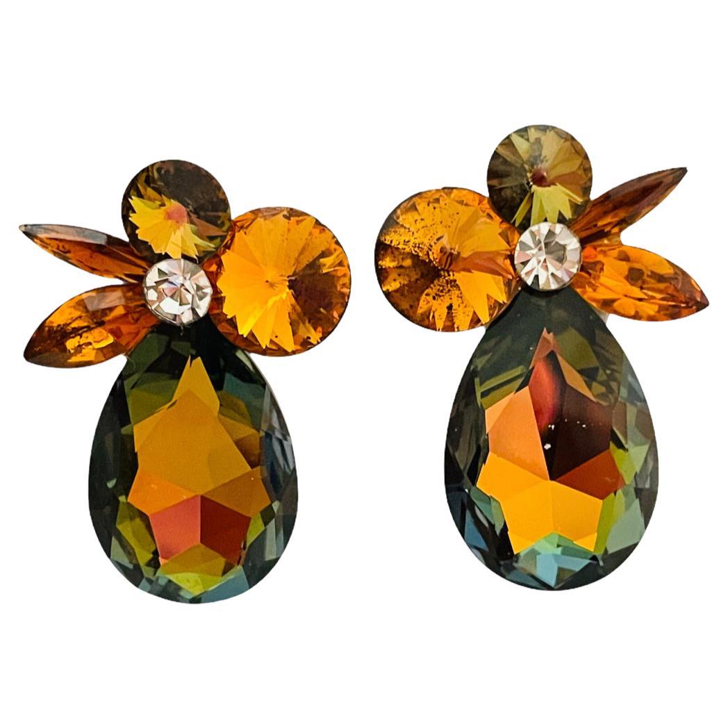 Vintage glass rhinestone huge flower earrings For Sale