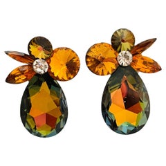 Vintage glass rhinestone huge flower earrings