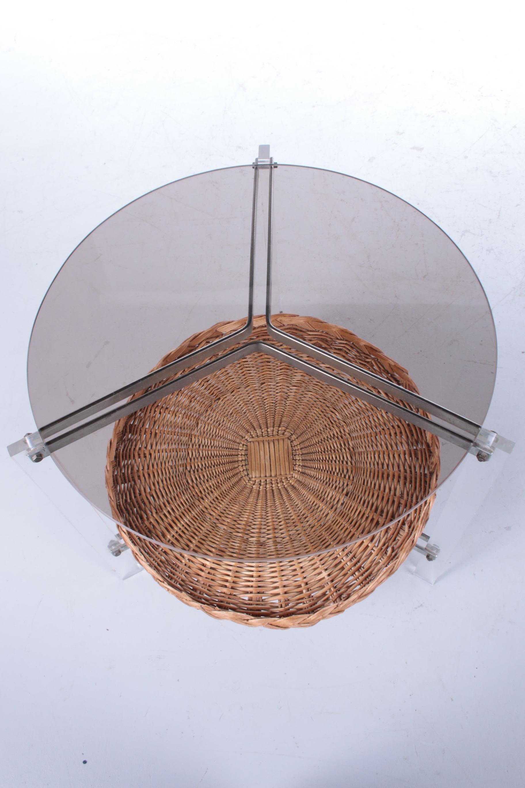 Vintage Glass Side Table with Rattan Magazine Rack, 1960s For Sale 3