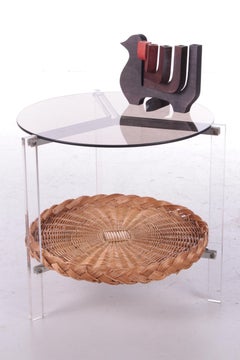 Vintage Glass Side Table with Rattan Magazine Rack, 1960s