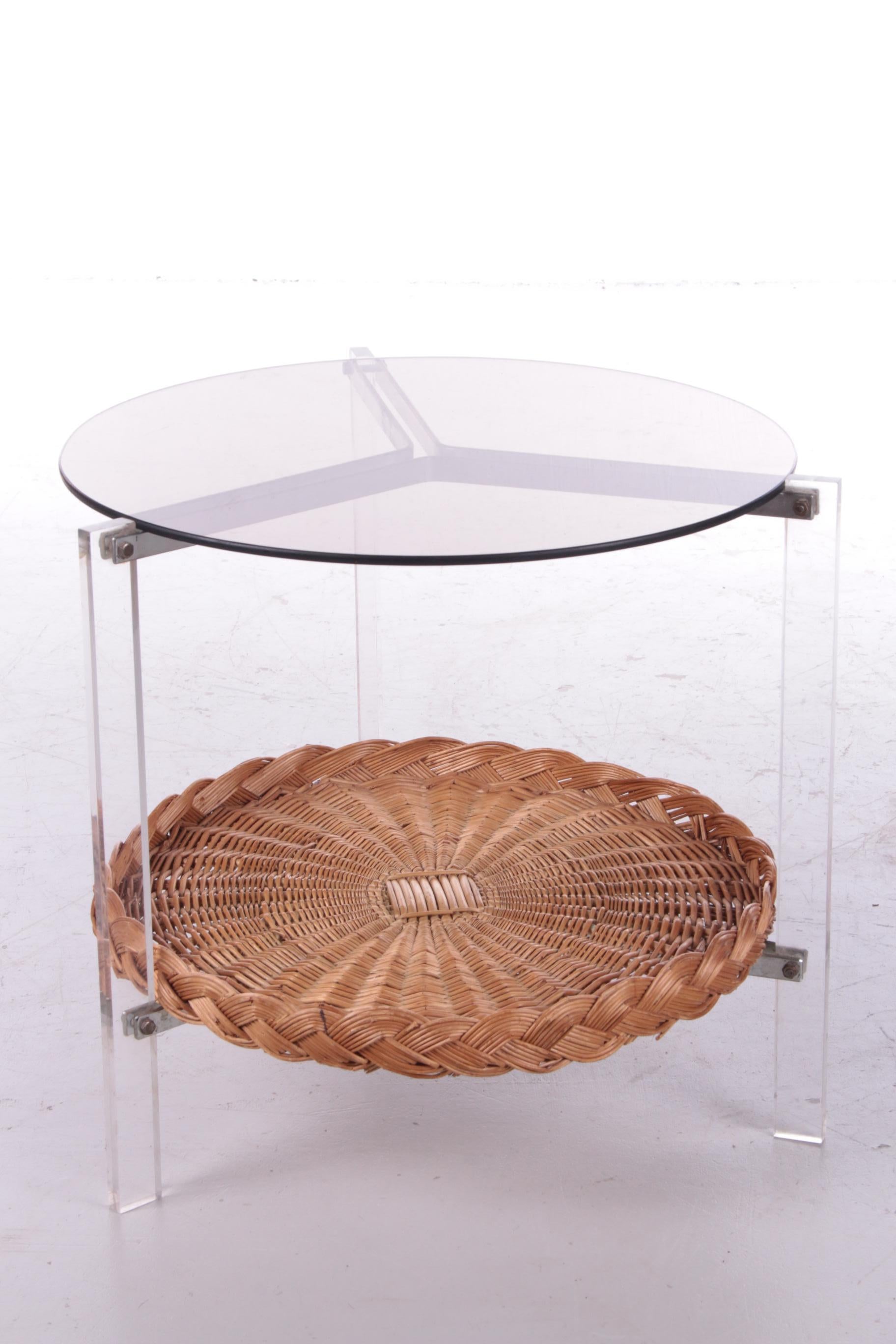 Mid-Century Modern Vintage Glass Side Table with Rattan Magazine Rack, 1960s For Sale