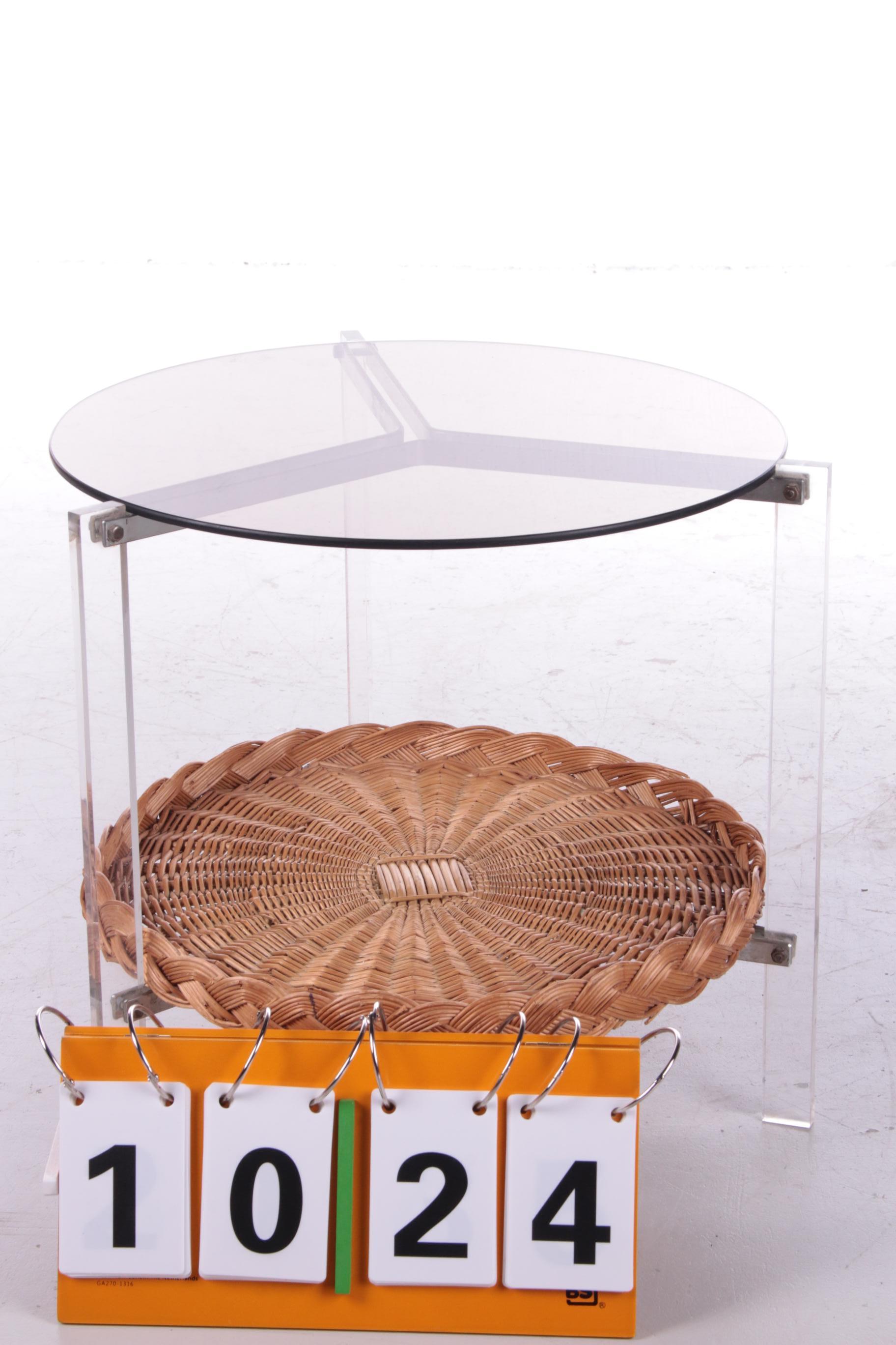 German Vintage Glass Side Table with Rattan Magazine Rack, 1960s For Sale