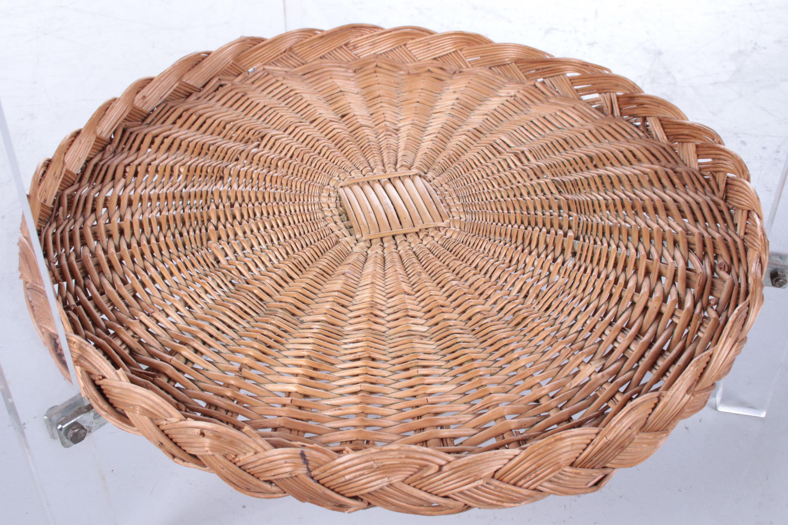 Mid-20th Century Vintage Glass Side Table with Rattan Magazine Rack, 1960s For Sale